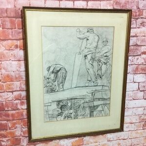 Antique Brangwyn Framed Fine Art Study of the Sawyers Signed Etching